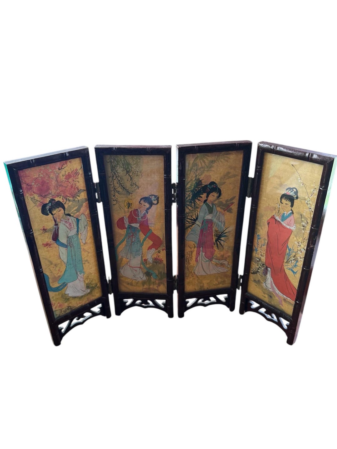 Vintage Pingfeng Asian Paintings Folding Screen Ladies Glass and