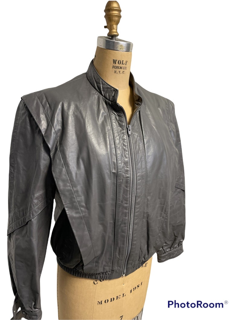 Vintage 80s Bermans Made In Korea Grey Gray Leather Cropped Jacket Zip In Liner image 1
