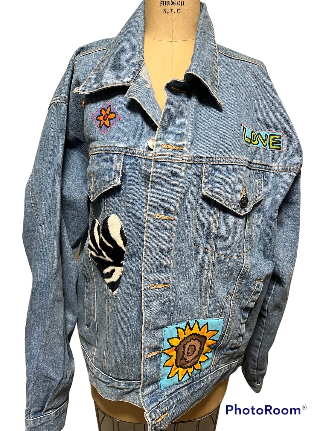 Vintage 90s Patched Denim Jacket: Butterfly, Floral, Zebra Heart