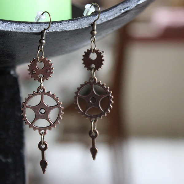 Long Gear and Clock Hand Earrings