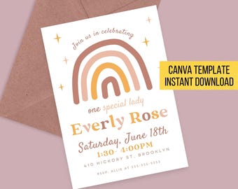 May include: A white invitation card with a rainbow design in shades of brown and yellow, with text that reads "Join us in celebrating one special lady Everly Rose Saturday, June 18th". Includes "CANVA TEMPLATE INSTANT DOWNLOAD".