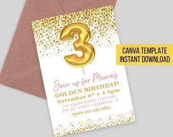 Editable Golden Birthday Invitation Template - INSTANT CANVA DOWNLOAD