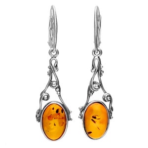Long Amber And Silver Earring With Oxidised Finish