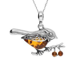 Amber And Silver Robin Bird Pendant