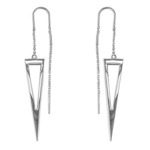 May include: Silver triangle dangle earrings with a chain detail. The earrings are long and have a sharp point at the bottom.