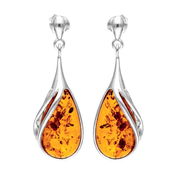 Orecchini Pendenti In Argento Sterling E Ambra Baltica – Goccia Decorata, Gioielli Veri Per Amanti Dell'Ambra - 3