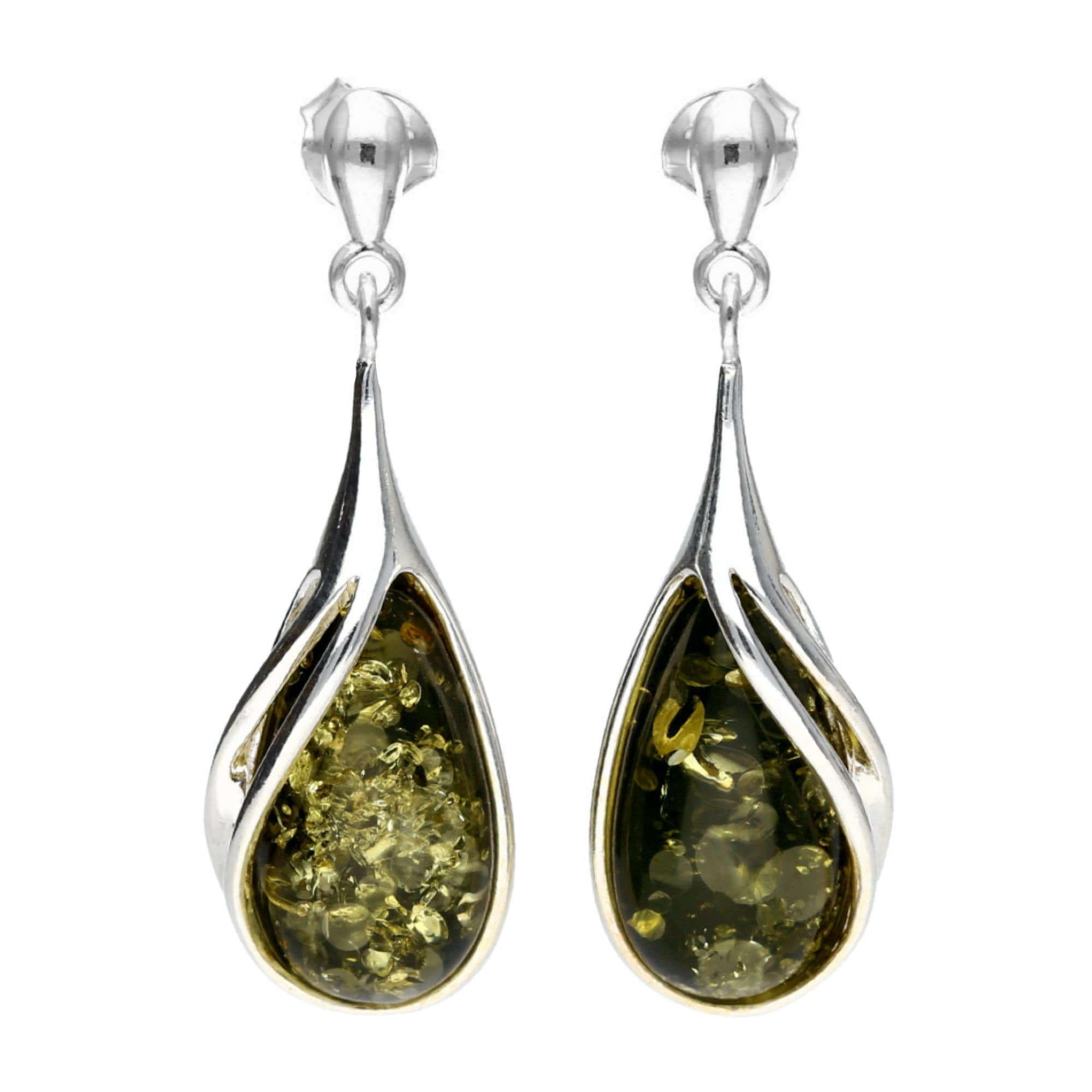 Large Green Amber And Sterling Silver Drop Earrings
