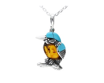 Amber And Sterling Silver Kingfisher Pendant