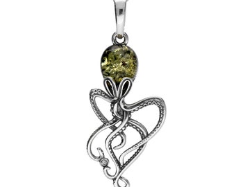 Small Amber And Silver Octopus Pendant