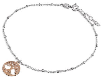 Sterling Silver Curb Chain Anklet With Rose Gold Plated Tree Of Life Charm