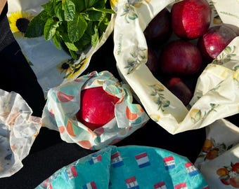 Bolsas reutilizables de cera de abeja hechas a mano (paquete de 3) para masa madre y frutas y verduras, lavables - Diseño para frutas