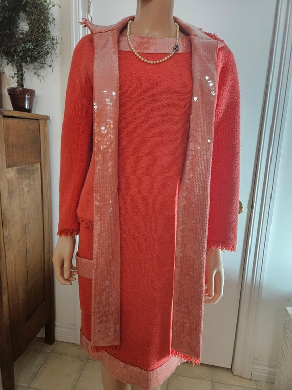 Coral Fringe Dress and Jacket Tweed Sequin Set