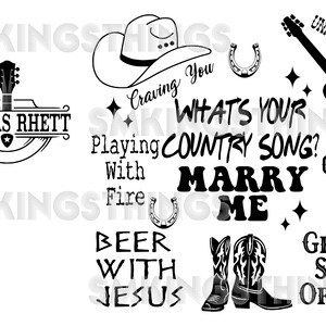 May include: Black and white graphic design with country music themed text. The text includes "What's your country song?", "Marry me", "Beer with Jesus", "Crash and burn", "Get me some of that", "Slow down summer", "Unforgettable", and "Playing with fire".