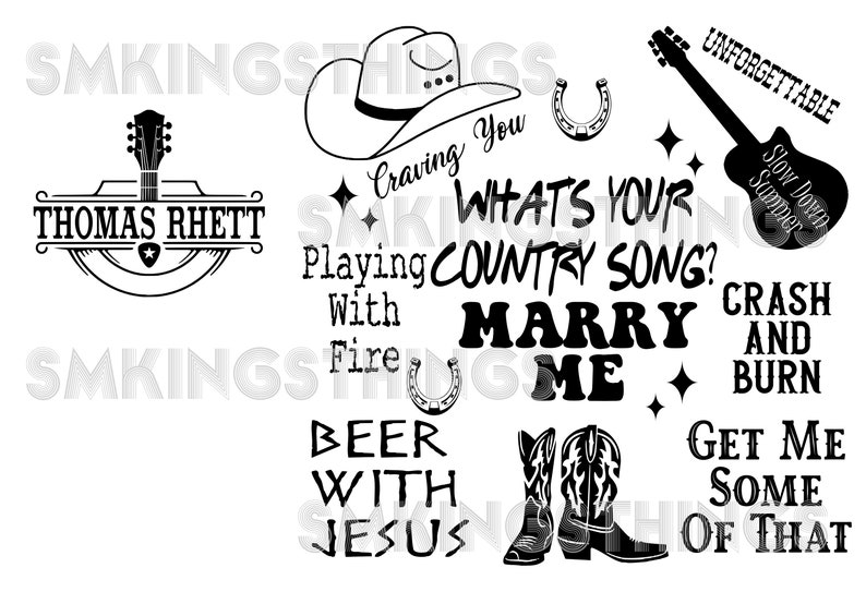 May include: Black and white graphic design with country music themed text. The text includes "What's your country song?", "Marry me", "Beer with Jesus", "Crash and burn", "Get me some of that", "Slow down summer", "Unforgettable", and "Playing with fire".