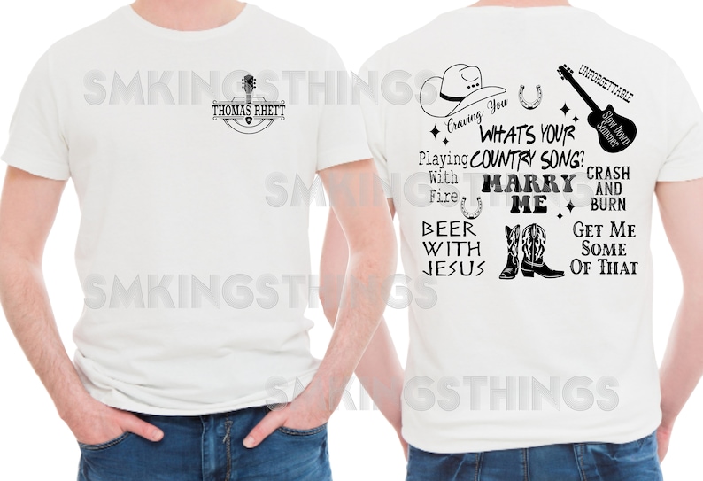 May include: White t-shirt with a black graphic print on the back. The graphic includes the text "What's your country song?" and "Marry me".