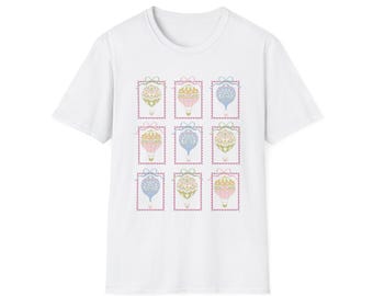 Hot Air Balloon Stamp Grid T-Shirt | Vintage Travel Postage, Pastel Holiday