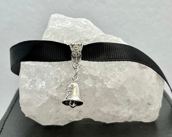 Boho Black Choker with Silver Antique Bronze Dragon Bell Charm, Stylish Jewelry!