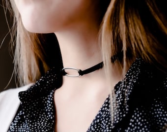 Boho Black Suede Cord Choker with Silver Smooth Oval Circle Charm, Stylish Jewelry!