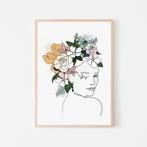 Flower Child, With Flowers in Her Hair, Line Art Print, Abstract Wall Art