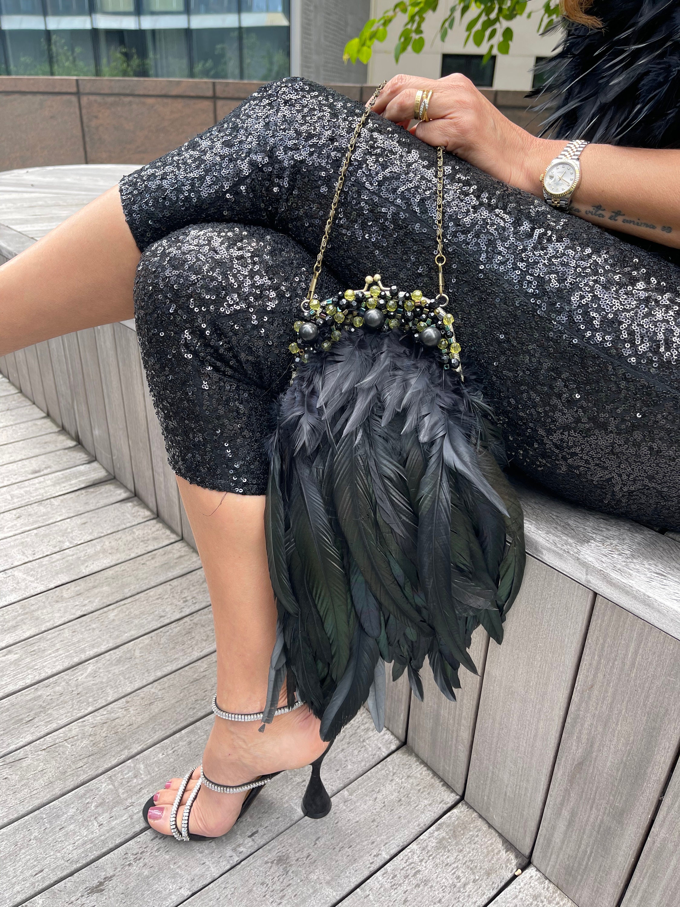 Back feather bag with green details Etsy