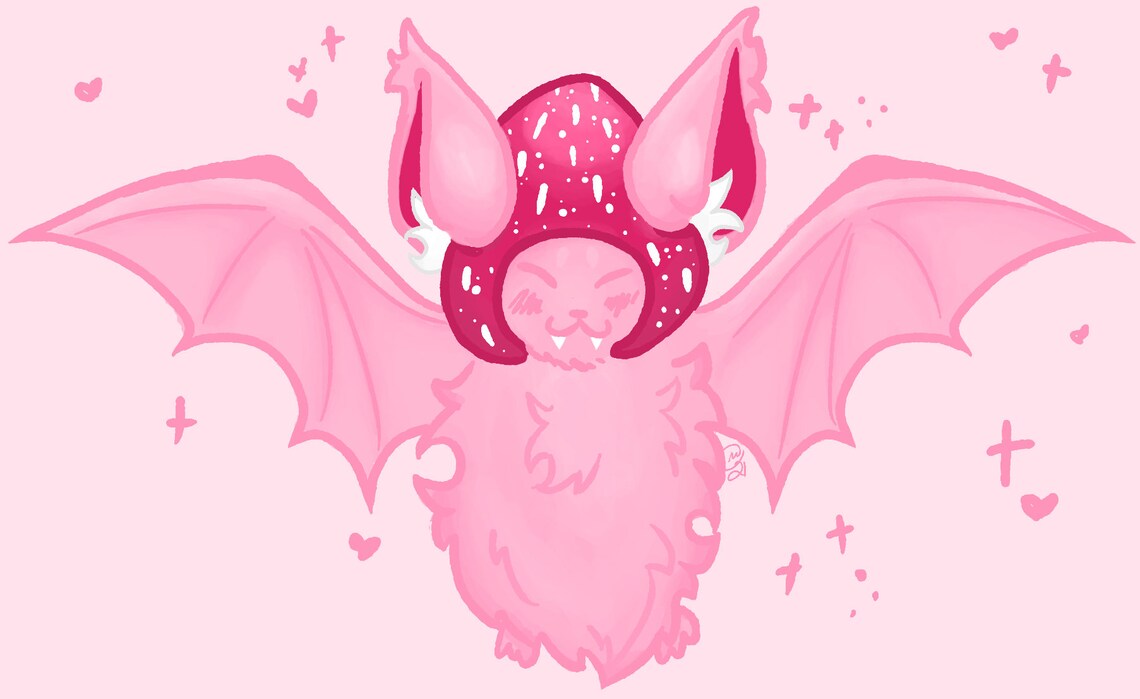 Strawberry Bat 5x7 Art Print Digital Drawing of Chibi Fruit Etsy