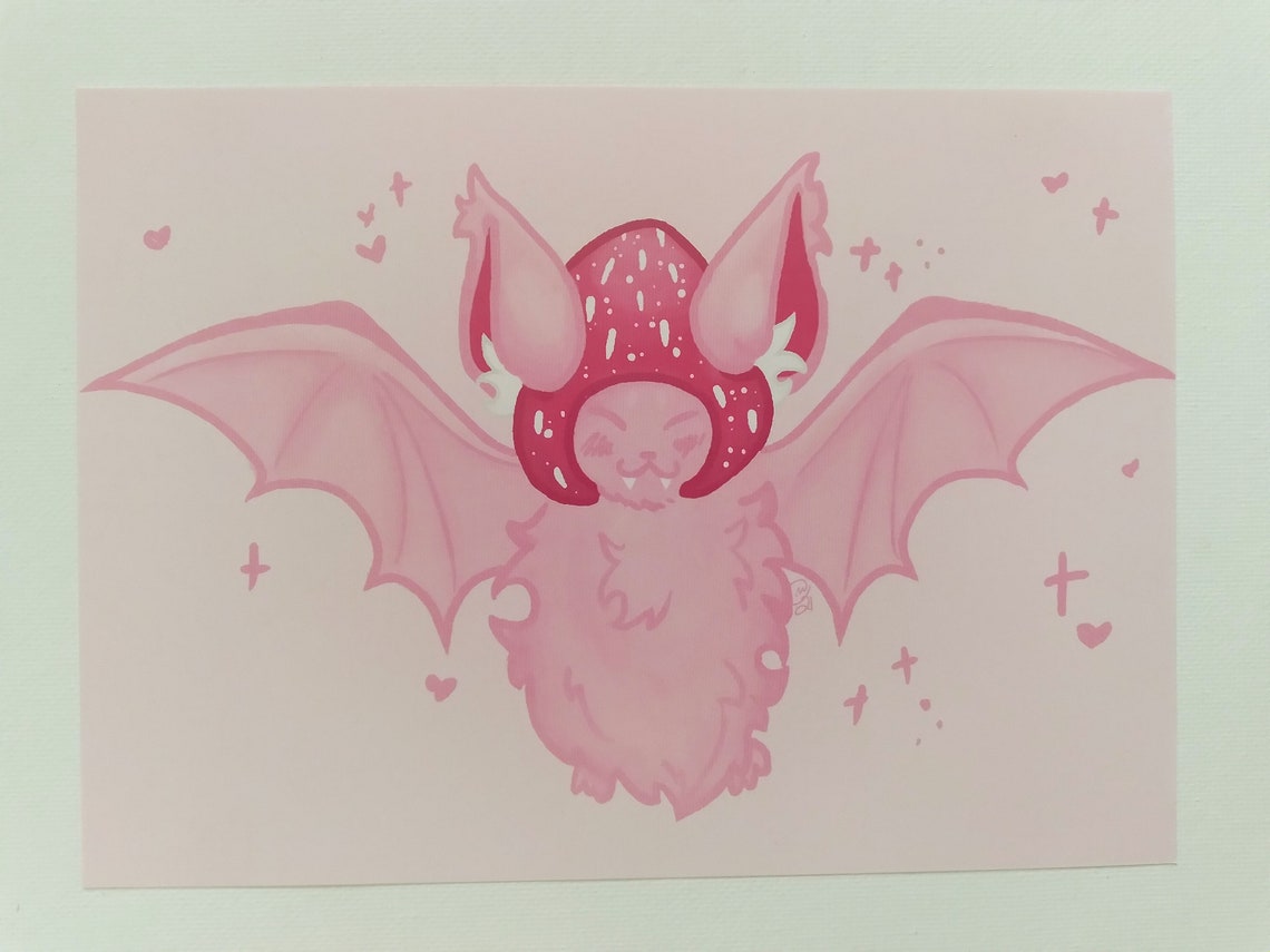 Strawberry Bat 5x7 Art Print Digital Drawing of Chibi Fruit Etsy