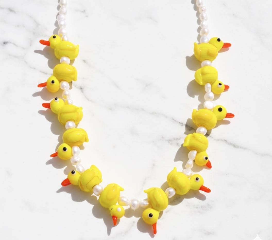 Natural Pearl Yellow Duck Chain Necklace Freshwater Pearl Small Duck Pendant Stainless Steel Waterproof Cute Luxury Gift Women Girl