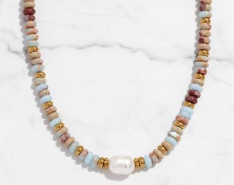 18K Gold Plated Beaded Necklace Natural Stone Freshwater Pearl Stainless Steel Waterproof Boho Layering Gift Women