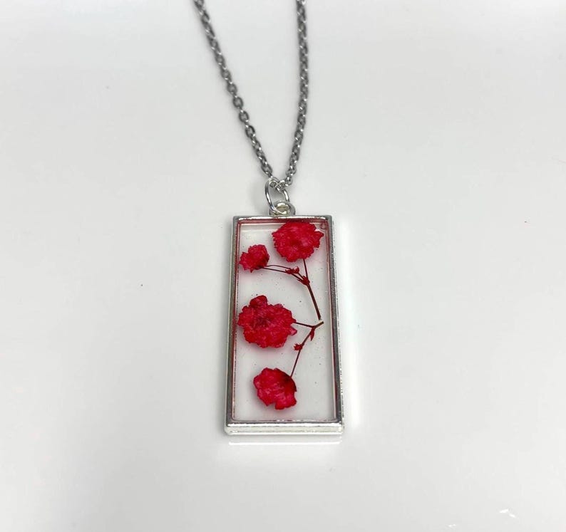 Crimson Floral Necklace, Delicate Pressed Flower Pendant image 2
