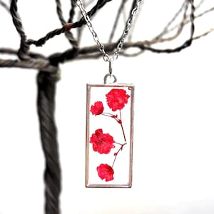 Crimson Floral Necklace, Delicate Pressed Flower Pendant image 1