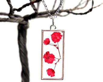 Crimson Floral Necklace, Delicate Pressed Flower Pendant