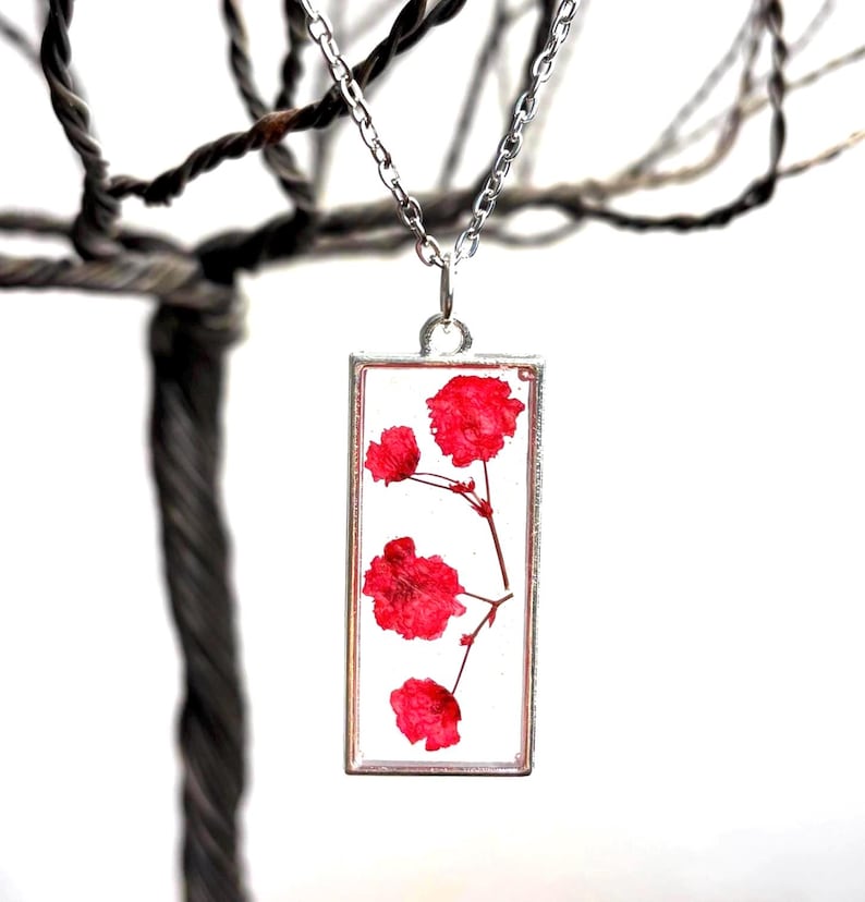 Crimson Floral Necklace, Delicate Pressed Flower Pendant image 1