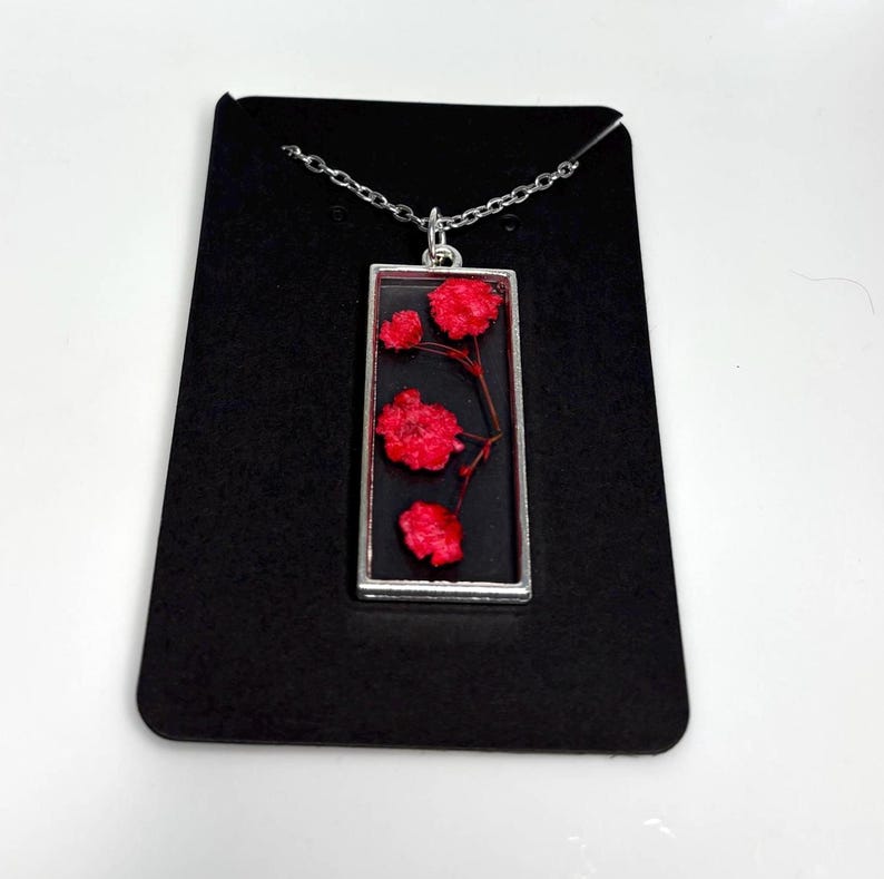 Crimson Floral Necklace, Delicate Pressed Flower Pendant image 3