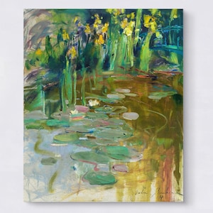 Painting water lilies with bridge | Oil painting lake with water lilies | pound with lotus and water lilies | Inspired by Monet