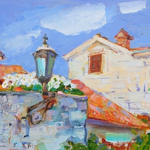 Painting Roofs of Montenegro City of delicate flowers Original Oil Painting Old City Perast Fine Art painting by Helen Shukina