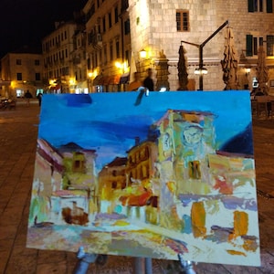 Painting Evening in Old town Kotor in Montenegro Spanish architecture Chapel Red Roofs Original oil painting ShukinaART