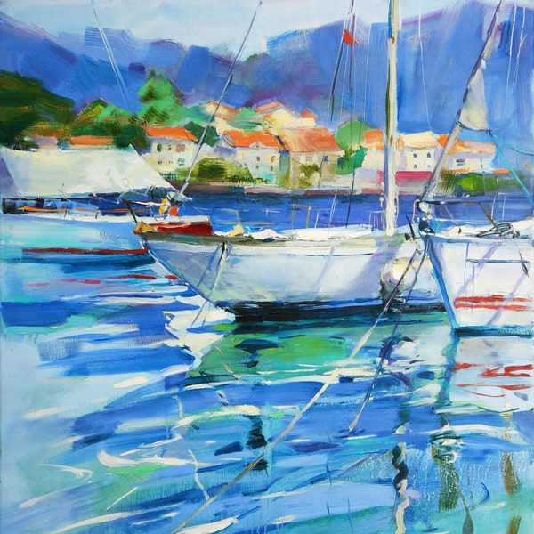 Gemälde Meer und Yachten | 60 x80 cm große Seelandschaft | Böschung von Montenegro | Blauer Hafen | Boote Original Ölgemälde von Helen Shukina