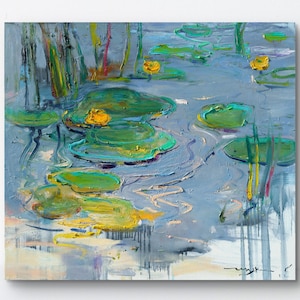 Painting Water lilies Impressionistic style  |  expressive painting water lilies | lotos painting  | Original oil painting by Helen Shukina