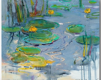 Painting Water lilies Impressionistic style  |  expressive painting water lilies | lotos painting  | Original oil painting by Helen Shukina