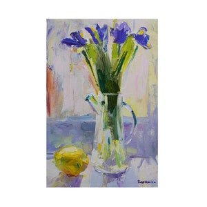 Ramo pintado. Flores al óleo. Imagen con un toque de humor. Naturaleza muerta con flores en la ventana, pintura al óleo original de ShukinaART.