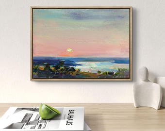 Painting sunset landscape, river and field. Appeasement on the river.  Picture evening on the river . Original oil painting by Helen Shukina