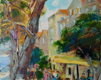 Painting old Italian street in Korcula | Picture old town with Italian architecture in Europe | Croatia Cityscape | Original oil painting