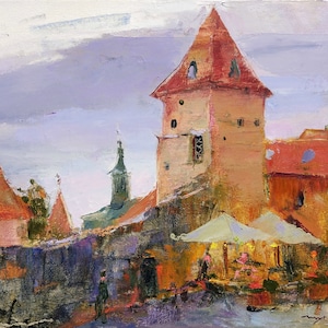 Painting old european city | Mediterranean | Picture Ancient Castle in Bardejov | Slovakia Cityscape | Original Painting by Helen Shukina