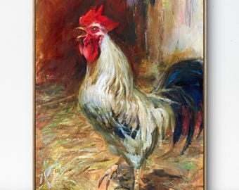 Painting Rooster .  Oil painting rural motifs and village life . Art rooster . Original Oil painting by ShukinaART