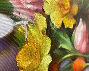 花のあるクラシックな静物画 | 春の花の写実的な絵 | キッチン用の静物