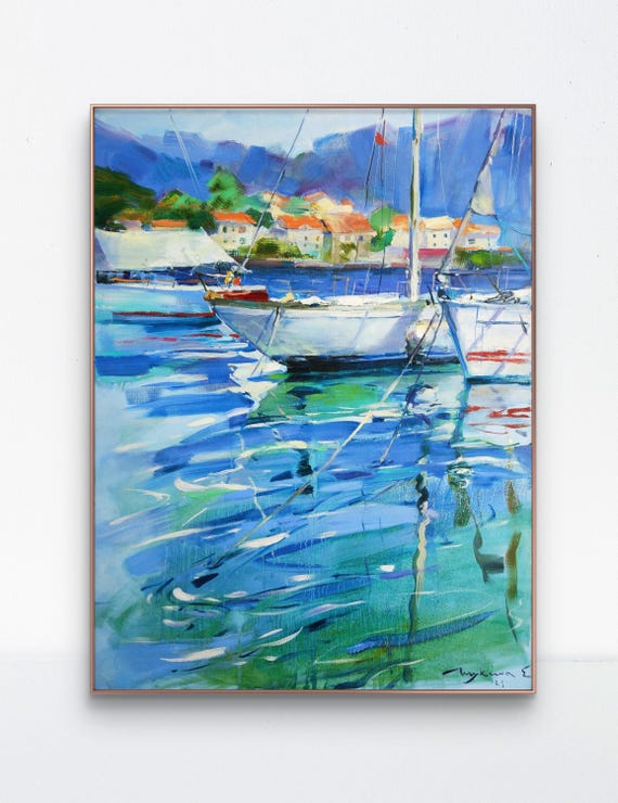 海とヨットの絵画 | 大きな海景 | モンテネグロの堤防の絵画 | 青い港