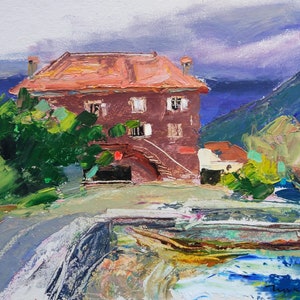 Cuadro Ciudad antigua cerca del mar / Paisaje adriático / Montenegro / Croacia / Pintura al óleo original Pintura de bellas artes de Helen Shukina