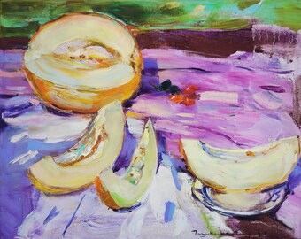 Painting For kitchen bright colored | Still Life with fruits oil painting | Melon | Yellow and violet| Original oil painting by ShukinaART