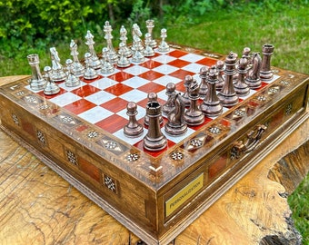 Wooden Handmade Chess Set Personalized Gift, Decorative Chess Game Set Board Pieces, Chess Set for Father, Chess Gift Set for Birthday
