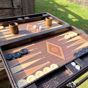 Handmade Wooden Backgammon Leather Set Gift, Custom Backgammon Board for Birthday Gift, Gift for Dad, Leather Backgammon Chess Set